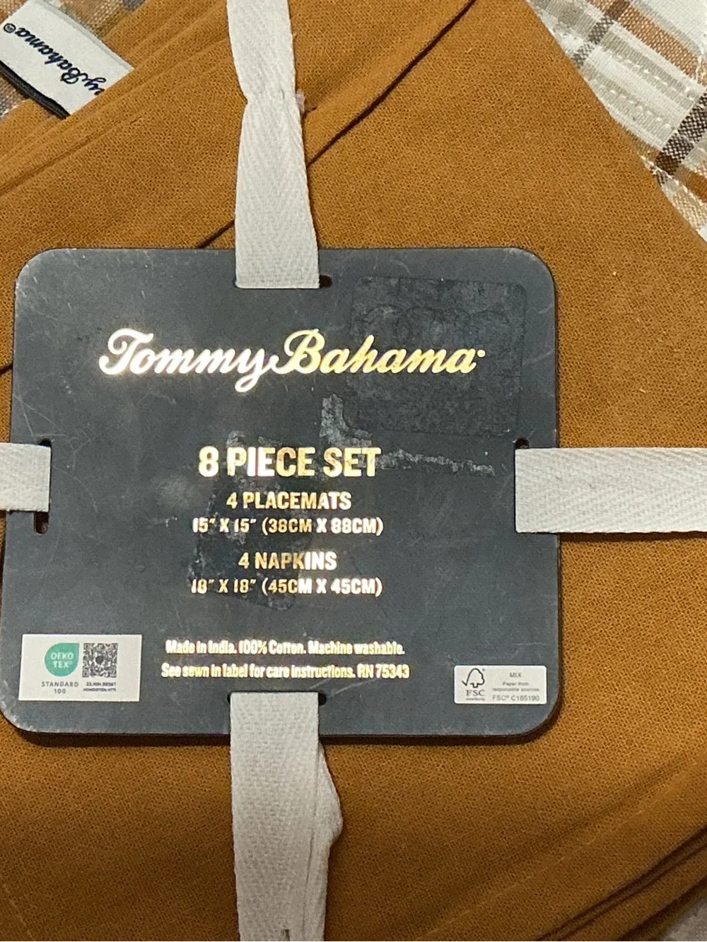 Tommy Bahama Brown and Tan Plaid 8-Piece Table Set
